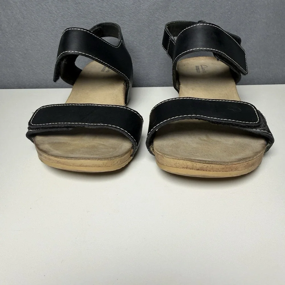 Clark's Black Leather Ankle Strap Wedge Heel Sandals Women's Size 8.5W